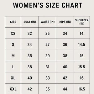 May include: A size chart for women's clothing from USevermore. The chart includes sizes XS to 3XL, with bust, waist, hips, and shoulder measurements in inches. The chart is displayed on a light background.