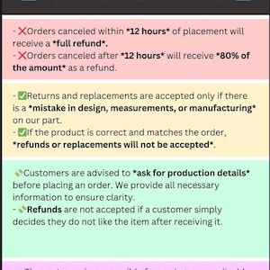 May include: A rectangular informational graphic titled Refund & Return Policies with four colored sections. It outlines policies for order cancellations within 12 hours, returns for manufacturing errors, production inquiries, and customer responsibility for taxes.
