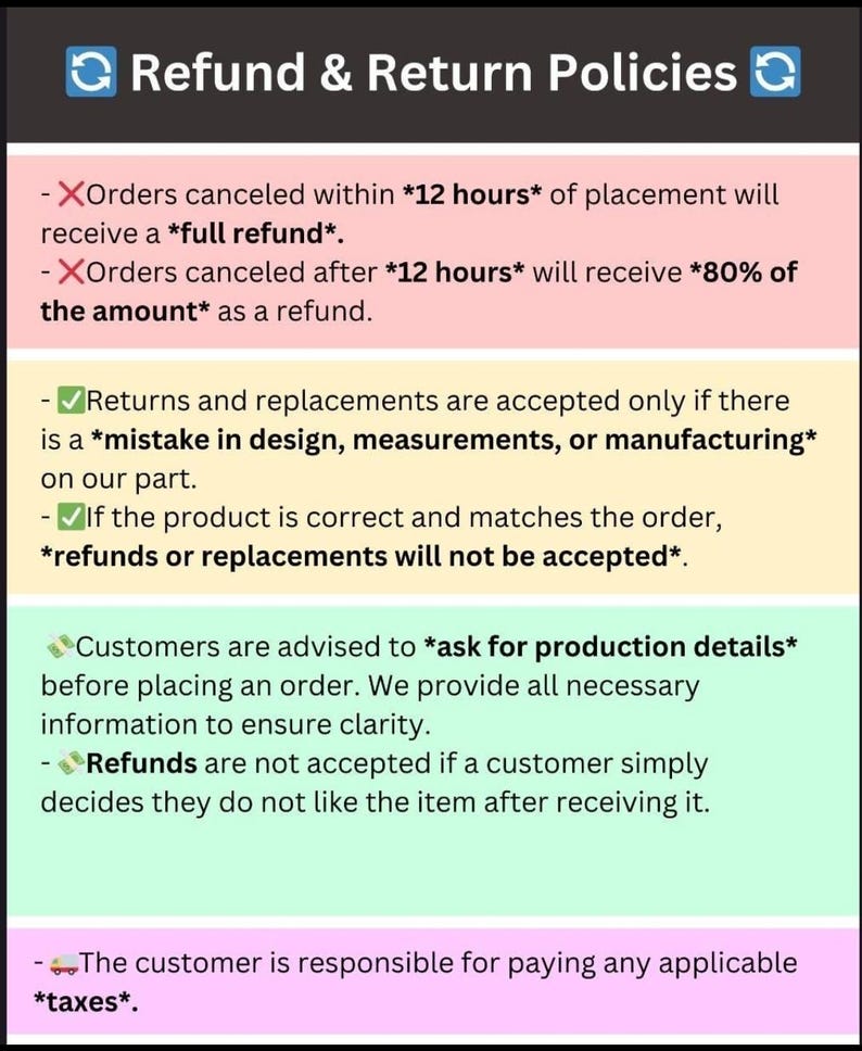 May include: A rectangular informational graphic titled Refund & Return Policies with four colored sections. It outlines policies for order cancellations within 12 hours, returns for manufacturing errors, production inquiries, and customer responsibility for taxes.