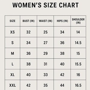 May include: A size chart for women's clothing from USevermore. The chart includes sizes XS to 3XL, with bust, waist, hips, and shoulder measurements in inches. The chart is displayed on a light background.