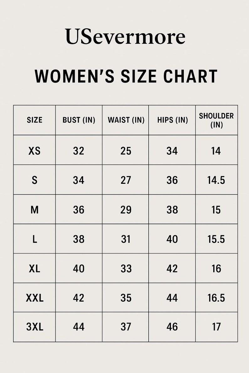 May include: A size chart for women's clothing from USevermore. The chart includes sizes XS to 3XL, with bust, waist, hips, and shoulder measurements in inches. The chart is displayed on a light background.