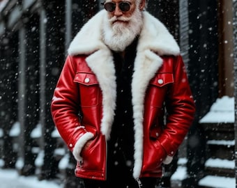 Puede incluir: Chaqueta de cuero roja con cuello y forro de piel sintética blanca. La chaqueta tiene dos bolsillos delanteros y cierre de cremallera. La persona de la imagen lleva gafas de sol y tiene barba blanca. Nieve cayendo.