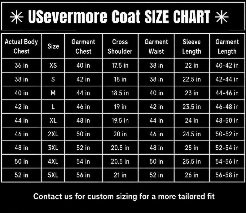 May include: A black and white size chart for USevermore coats, featuring a table with columns for actual body chest, size, garment chest, cross shoulder, garment waist, sleeve length, and garment length in inches, ranging from XS to 5XL sizes.