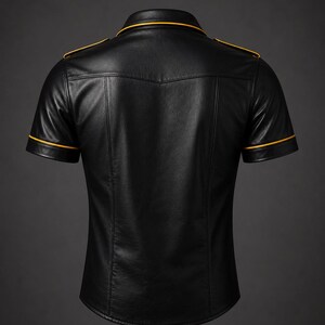 May include: Black leather short-sleeve shirt with yellow trim on the collar, shoulders, and sleeves. The shirt has a classic design with a tailored fit and visible stitching details. The back view showcases the shirt's construction and style.