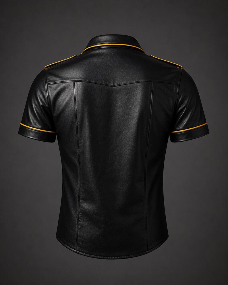 May include: Black leather short-sleeve shirt with yellow trim on the collar, shoulders, and sleeves. The shirt has a classic design with a tailored fit and visible stitching details. The back view showcases the shirt's construction and style.