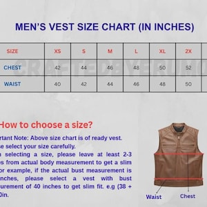 Puede incluir: Tabla de tallas de chalecos en pulgadas, con medidas de pecho y cintura para las tallas XS a 3XL. La tabla incluye instrucciones para elegir la talla correcta y una ilustraci&oacute;n de un chaleco marr&oacute;n.