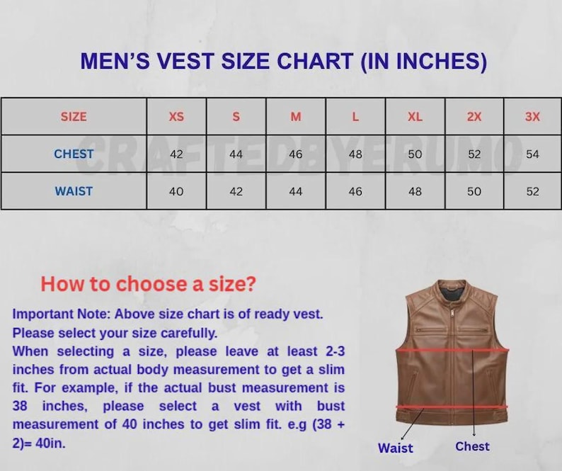 Puede incluir: Tabla de tallas de chalecos en pulgadas, con medidas de pecho y cintura para las tallas XS a 3XL. La tabla incluye instrucciones para elegir la talla correcta y una ilustraci&oacute;n de un chaleco marr&oacute;n.