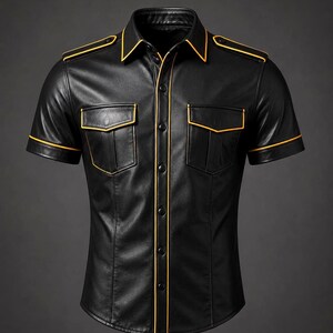 May include: Black leather short-sleeve shirt with yellow trim. The shirt features two chest pockets, epaulets, and a button-up front. The collar, pocket edges, and seams are accented with yellow trim.