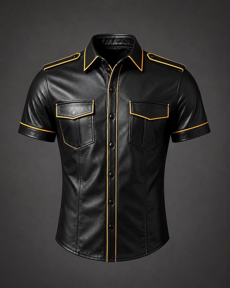 May include: Black leather short-sleeve shirt with yellow trim. The shirt features two chest pockets, epaulets, and a button-up front. The collar, pocket edges, and seams are accented with yellow trim.