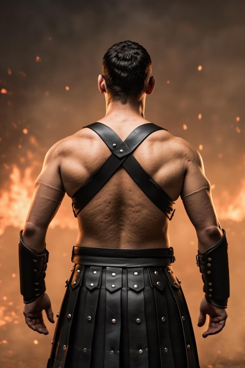 May include: A muscular figure is seen from the back, wearing black leather armor. The armor includes a harness, wrist cuffs, and a skirt-like bottom. The background is a fiery orange and brown, suggesting a battle or fantasy theme.