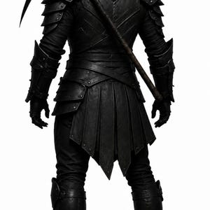 May include: A figure dressed in black armor with a hooded cloak, viewed from behind. The attire includes layered shoulder pauldrons, gauntlets, and a skirted tunic. A large scythe with a curved blade is carried diagonally across the back.