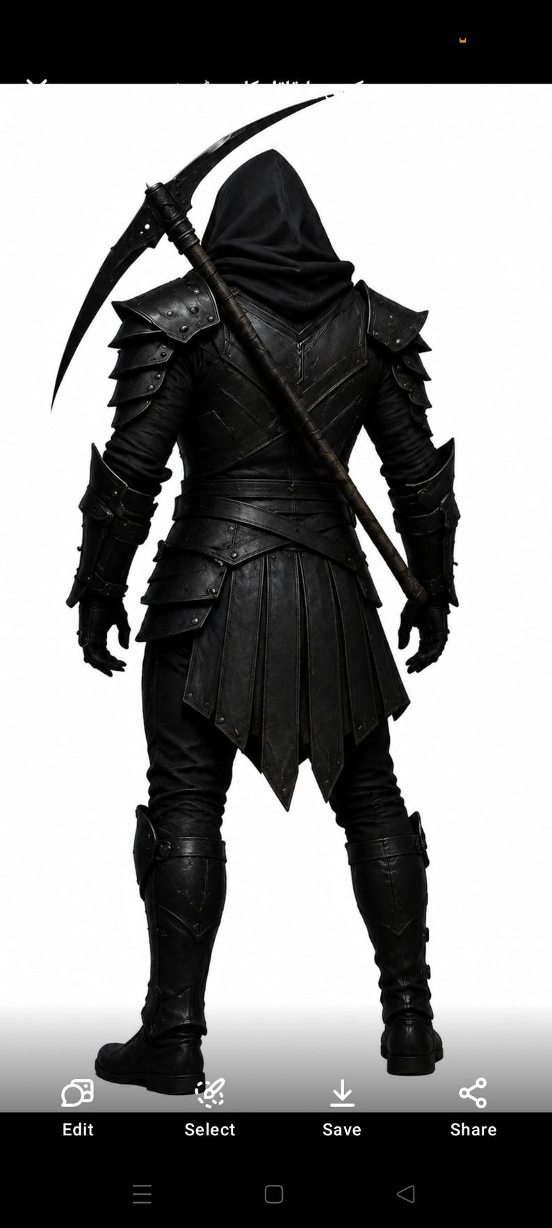 May include: A figure dressed in black armor with a hooded cloak, viewed from behind. The attire includes layered shoulder pauldrons, gauntlets, and a skirted tunic. A large scythe with a curved blade is carried diagonally across the back.