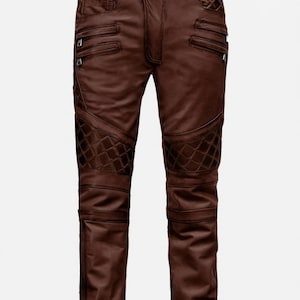Men’s Brown Quilted Leather Pants – Biker Style Motorcycle Trousers with Zipper Pockets