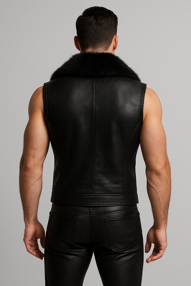 Puede incluir: Chaleco de cuero negro con cuello de piel negro. El chaleco tiene un corte entallado y un dise&ntilde;o cl&aacute;sico. El modelo lleva pantalones de cuero negro. El look general es elegante y con estilo.