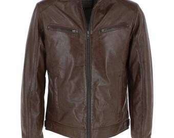 Men's Handmade Brown Leather Biker Jacket: Zip-Up Moto Coat