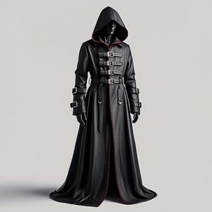 Op de afbeelding: Zwarte jas met capuchon en rode bies, meerdere gespen en een riem. De lange jas heeft een vloeiend ontwerp en wordt op een mannequin getoond. De jas is gemaakt van donker materiaal en heeft een gotische of fantasy-esthetiek.