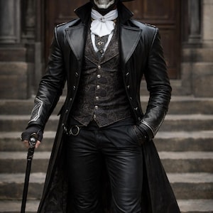 May include: A figure in a black leather coat, waistcoat, and trousers, wearing a skull mask and top hat. The outfit includes a white cravat, a patterned waistcoat, and a cane with a skull handle. The background features a stone staircase and a wooden door.