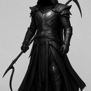 May include: A dark, hooded figure dressed in intricate black plate armor and a long, flowing cloak. The figure holds a long-handled scythe in one hand, while a second scythe is strapped across the back. The armor features detailed plating.