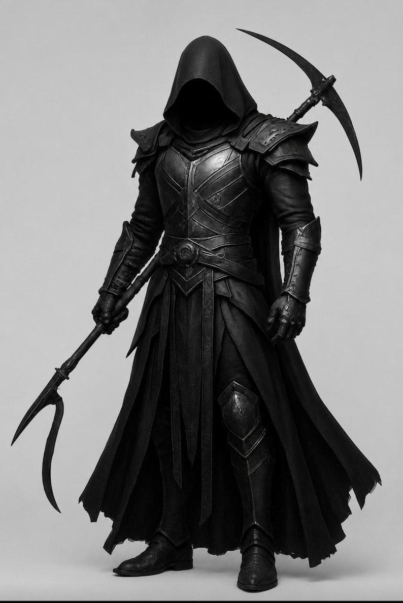 May include: A dark, hooded figure dressed in intricate black plate armor and a long, flowing cloak. The figure holds a long-handled scythe in one hand, while a second scythe is strapped across the back. The armor features detailed plating.
