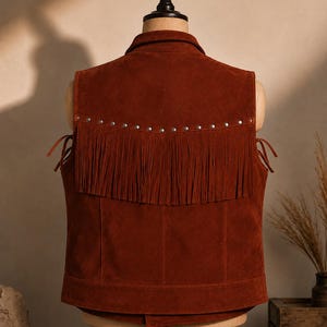 May include: A rust-colored suede vest with fringe detailing and silver-tone studs. The vest is sleeveless with a collared neckline and tie closures on the sides. The back of the vest features a horizontal fringe design.