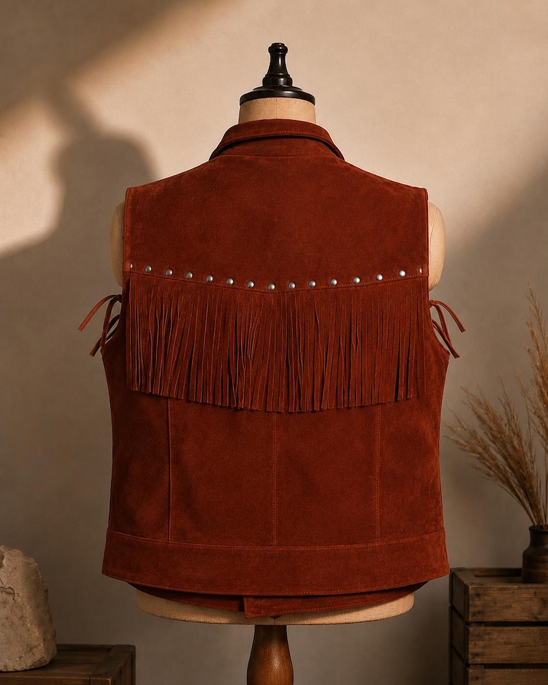 May include: A rust-colored suede vest with fringe detailing and silver-tone studs. The vest is sleeveless with a collared neckline and tie closures on the sides. The back of the vest features a horizontal fringe design.
