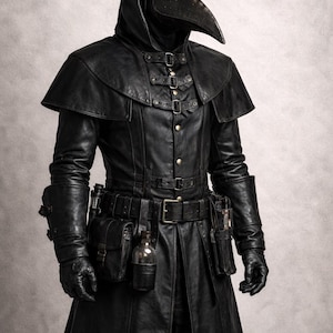 Könnte beinhalten: Ganzkörperbild einer Person in einem schwarzen Pestdoktor-Kostüm. Das Kostüm umfasst einen langen Mantel, einen Hut, Handschuhe und eine markante vogelartige Maske mit grünen Gläsern. Das Outfit hat mehrere Taschen und einen Gürtel mit einer Flasche.