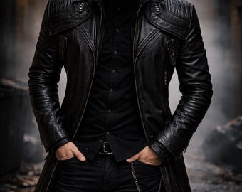 Peut inclure: Un manteau à capuche en cuir noir avec un design long. Le manteau présente une fermeture éclair sur le devant, des épaules matelassées et une chaîne sur la poche. La personne porte une chemise noire et un pantalon noir.