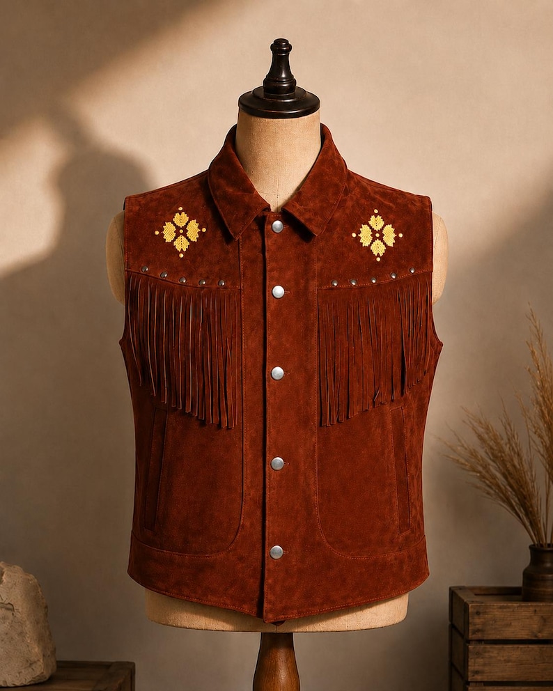 May include: A brown suede vest with a classic western design. The vest features fringe detailing, decorative yellow floral embroidery, and silver snap closures. The vest is displayed on a mannequin.