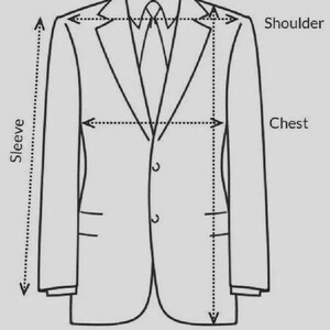 May include: Line drawing of a coat with measurement labels for shoulder, chest, sleeve, and length. Text at the bottom advises adding 4"-6" to the chest measurement. The coat has two buttons and a notched lapel.