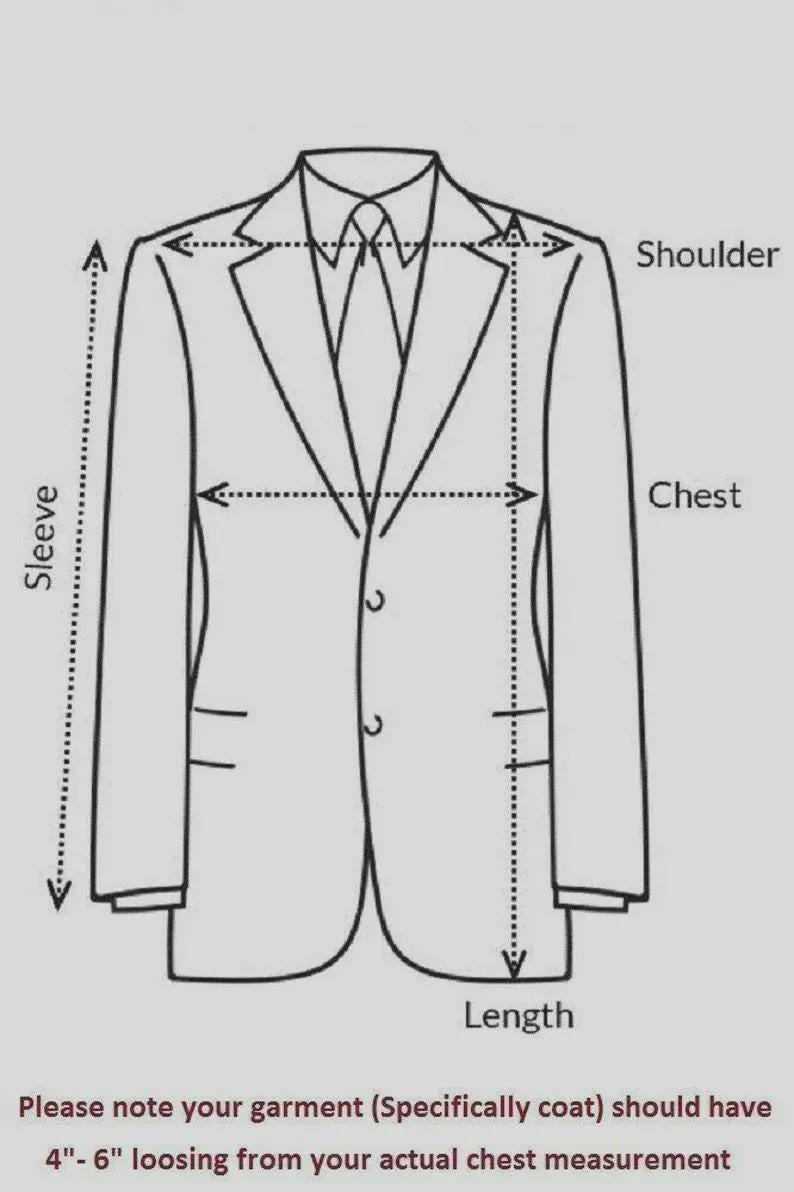 May include: Line drawing of a coat with measurement labels for shoulder, chest, sleeve, and length. Text at the bottom advises adding 4"-6" to the chest measurement. The coat has two buttons and a notched lapel.