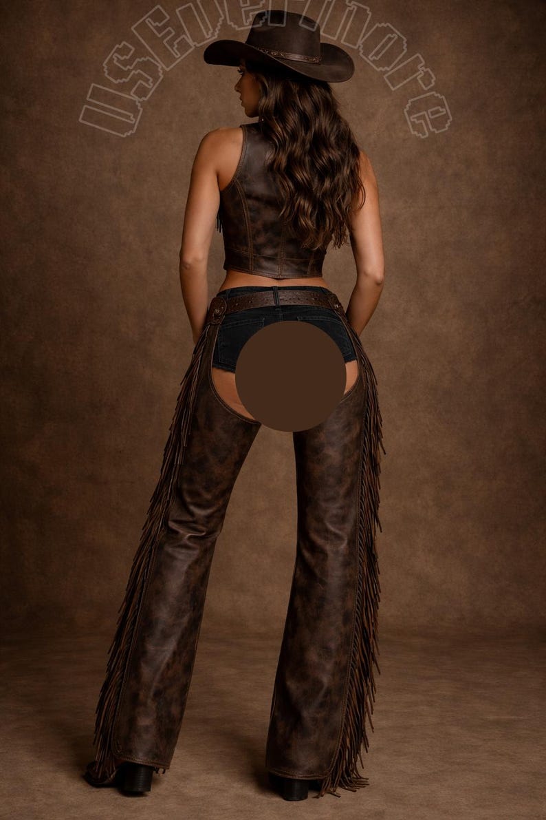 May include: A brown leather vest and chaps with fringe. The chaps have a flared leg design. The person is wearing a brown cowboy hat and denim shorts. The background is a solid brown color.