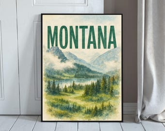 Montana Travel Poster: Rustic Mountain Landscape Art (Digital Download