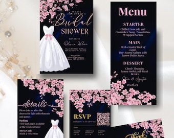 Navy Velvet Bridal Shower Invitation Suite Pink Cherry Blossom Digital Download Printable Invitation Template Editable Canva InstantDownload