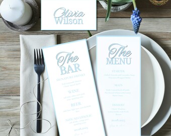 Dusty Blue Hochzeits-Speisekarten-Set, elegante Minimal-Menü-Vorlage, Bar-Speisekarte & Tischkarte, weiche romantische Hochzeit Canva Download