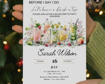 Junggesellinnenabschied Einladung Canva | Bearbeitbare Brautpartyeinladung | Aquarell Cocktail zum ausdrucken