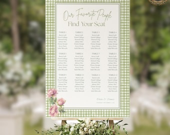 Salbei-grüner Sitzplan-Vorlagen-Set, rosa Blumenrahmen, eleganter Hochzeits-Sitzplan, 3 Größen bearbeitbar Canva Download