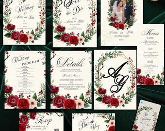 Burgundy Floral Wedding Invitation, Cream Gold Background, Monogram Invite, Elegant Gold Frame, Luxury Canva Template Suite