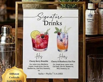 Signatur Getränke Zeichen | Hochzeit Bar Menü Vorlage | Cocktail Illustrationen | Bearbeitbare Leinwand | Druckbare Bar SchildPersonalisierung