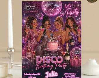 Disco Geburtstagseinladung Vorlage | Pink Glitter Girls Night | Bearbeitbare Leinwand | Druckbare digitale Einladung | Geburtstags-Königin-Party-Karte