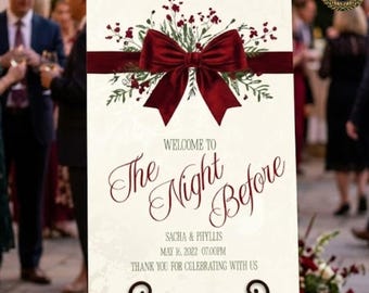 Die Nacht vor Weihnachten Willkommensschild Creme Gold Samt Bogen Hochzeit Probe Abendessen Winter Blumengrün Bearbeitbare Leinwand