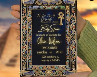 Royal Egyptian Invitation, Navy Velvet Background, Jeweled Gold Frame, Luxury Digital Template, Ancient Egypt Royal Design