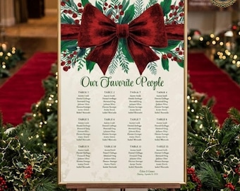 Christmas Wedding Seating Chart Template, Red Velvet Bow Sign, Cream Gold Winter Wedding Decor, Editable Canva Reception Poster