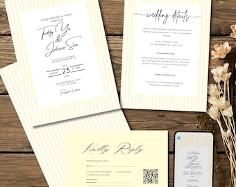 Könnte beinhalten: Hochzeitseinladungs-Set mit cremefarbenem und weißem Streifendesign. Das Set enthält eine Einladung, eine Detailkarte, eine RSVP-Karte und ein Telefon, das die Einladung anzeigt. Der Einladungstext lautet "Together with their families" und enthält die Namen Teddy Yu & Juliana Silva.