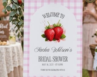 Rosa Erdbeere Willkommensschild, Gingham Geburtstagsschild, Beere erste Party Dekoration, druckbare Willkommenstafel