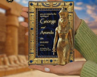 Premium Royal Egyptian Wedding Digital Invitation Celebrate Your Eternal Love Under Sekhmet’s Golden Protection and Divine Celestial Design