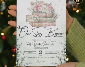 Our Story Begins Wedding Invitation Template – Watercolor Green Leaves, Pink Roses & Books, Editable Canva Digital Download