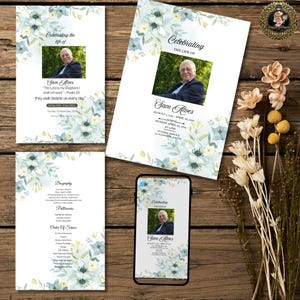 May include: A collection of memorial service stationery, including a program, a bi-fold card, and a biography card, all featuring a photo of Sam Alves. The designs have a floral border in shades of blue and yellow, with the text "Celebrating the Life of Sam Alves".