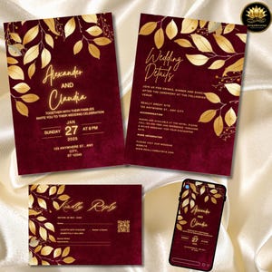 Può includere: Invito di nozze bordeaux con dettagli di foglie d'oro. Include invito, scheda dettagli, scheda RSVP e un mockup per telefono. L'invito recita "Alexander e Claudia".