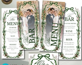 Christmas Wedding Menu Card Template, Winter Floral Bar Menu, Editable Canva Table Name Card, Printable Holiday Wedding