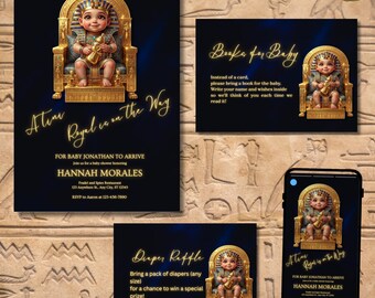 Pharaoh Royal Nursery Baby Shower Invitation, Egyptian Baby, Navy Blue Velvet, Gold Ankh, Diaper Reveal, Royal Baby Theme